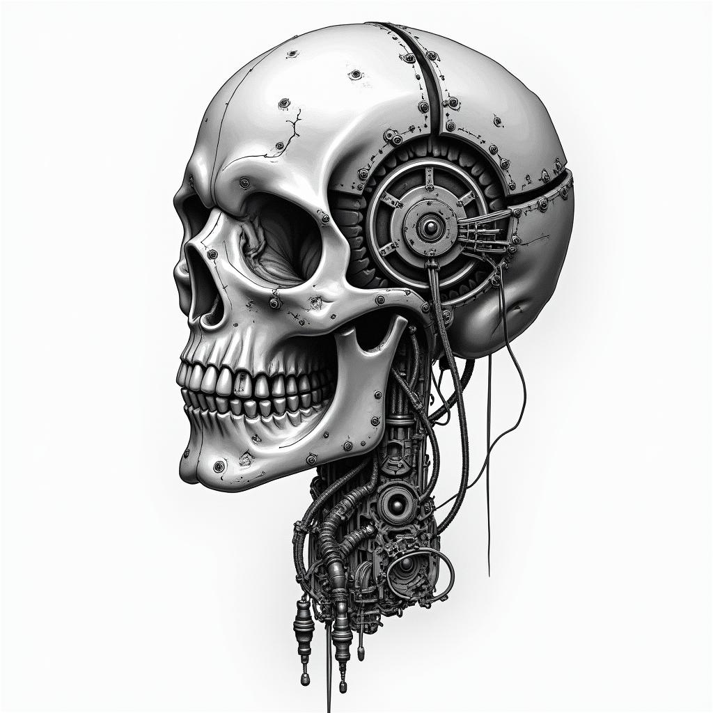 I have integrated the biomechanical style:

Mechanical segmentation of the skull with metal plates and screws.

Intertwined tubes and cables running through the bony structure and connecting to the gears.

Visible pistons and joints at the base of the hourglass, merging the organic and the industrial.

Soft shadows in shades of gray to highlight the depth and volume of the mechanical elements.

Let me know if you want to adjust any details, such as the density of the cables, add textures of rust, or enhance certain elements with touches of color.tattoo in biomechanic style, the tattoo covered by robotic elements of futuristic cyberpunk design, robotic features detail, showcasing intricate mechanical components - Variation 2