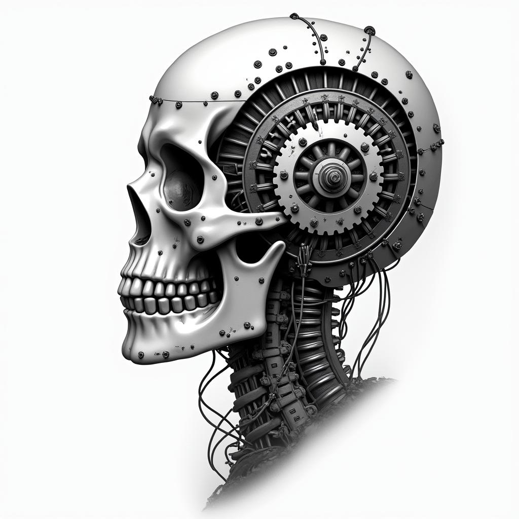 I have integrated the biomechanical style:

Mechanical segmentation of the skull with metal plates and screws.

Intertwined tubes and cables running through the bony structure and connecting to the gears.

Visible pistons and joints at the base of the hourglass, merging the organic and the industrial.

Soft shadows in shades of gray to highlight the depth and volume of the mechanical elements.

Let me know if you want to adjust any details, such as the density of the cables, add textures of rust, or enhance certain elements with touches of color.tattoo in biomechanic style, the tattoo covered by robotic elements of futuristic cyberpunk design, robotic features detail, showcasing intricate mechanical components - Variation 3