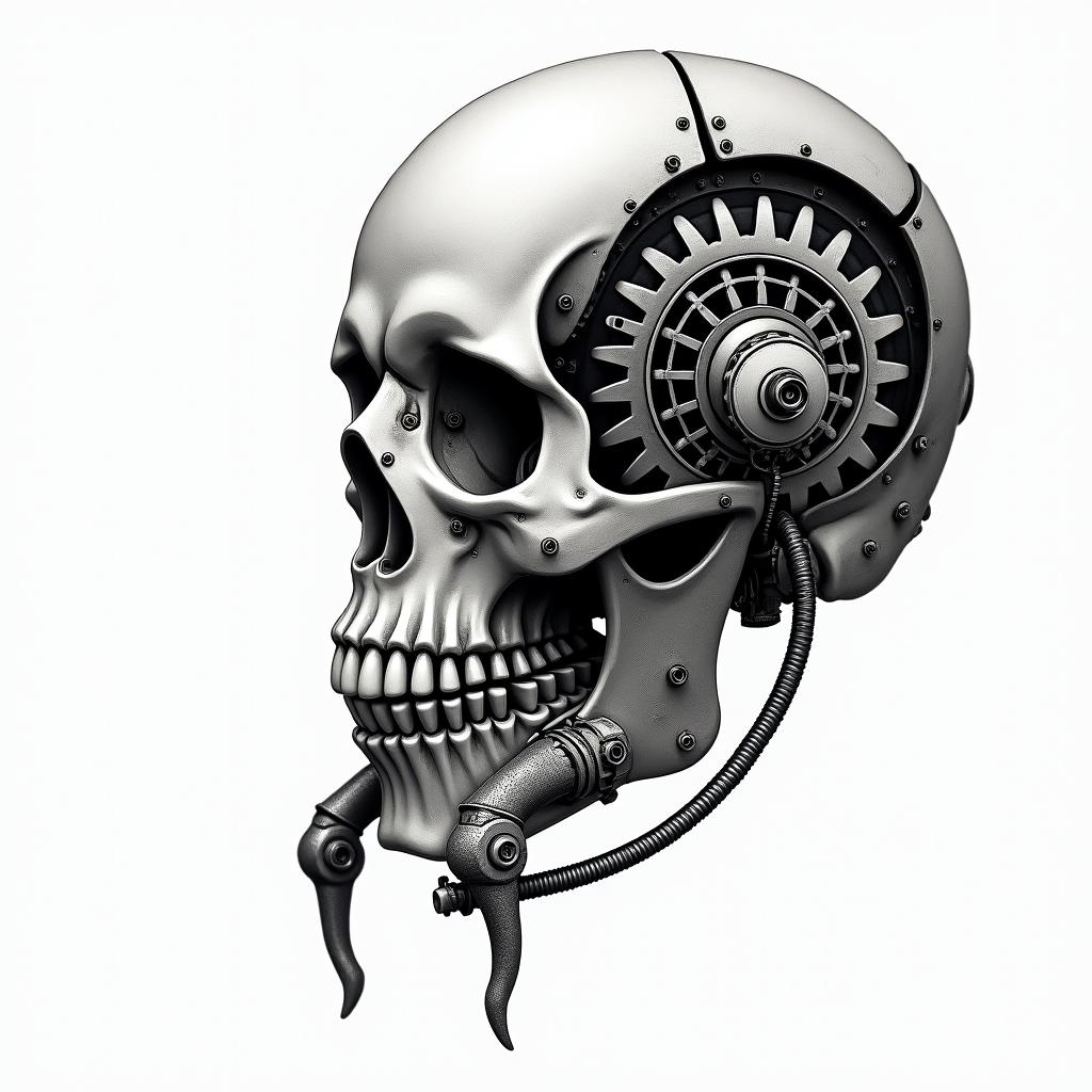 I have integrated the biomechanical style:

Mechanical segmentation of the skull with metal plates and screws.

Intertwined tubes and cables running through the bony structure and connecting to the gears.

Visible pistons and joints at the base of the hourglass, merging the organic and the industrial.

Soft shadows in shades of gray to highlight the depth and volume of the mechanical elements.

Let me know if you want to adjust any details, such as the density of the cables, add textures of rust, or enhance certain elements with touches of color.tattoo in biomechanic style, the tattoo covered by robotic elements of futuristic cyberpunk design, robotic features detail, showcasing intricate mechanical components