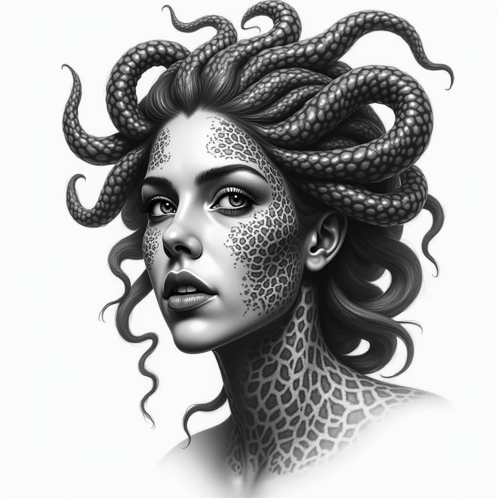 Medusain portrait tattoo style, featuring a highly realistic and detailed depiction - Variation 2
