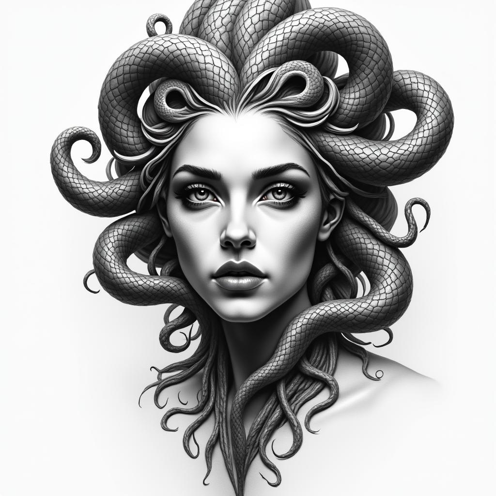 Medusain portrait tattoo style, featuring a highly realistic and detailed depiction - Variation 3