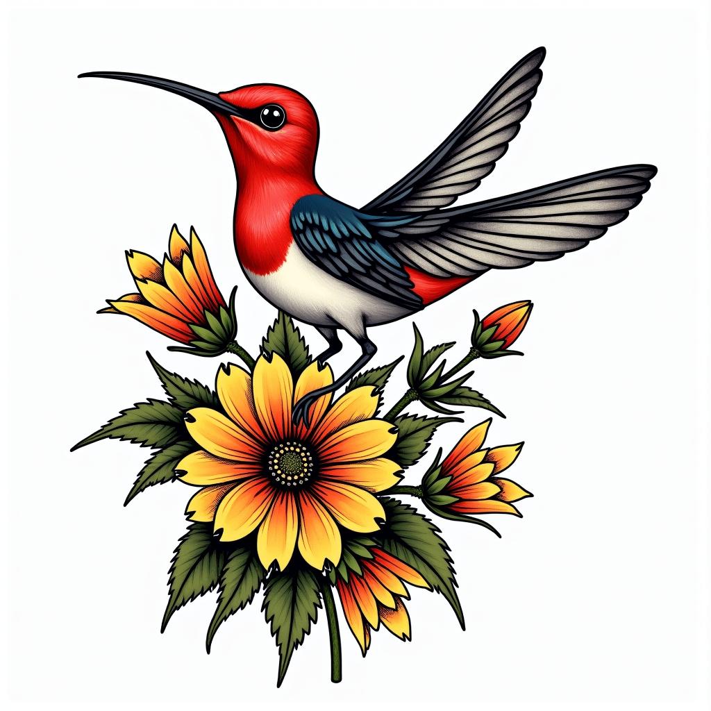 Scissor tailed fly catcher surrounded by Indian blanket flowersin pop art style tattoo, featuring bold and vibrant colors, exaggerated outlines, iconic imagery, inspired by comic books and speech bubbles, comic book characters, retro pop culture - Variation 3