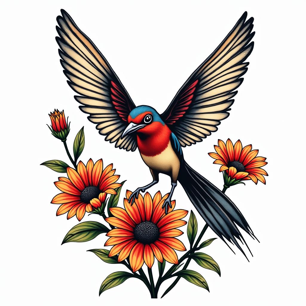 Scissor tailed fly catcher surrounded by Indian blanket flowersin pop art style tattoo, featuring bold and vibrant colors, exaggerated outlines, iconic imagery, inspired by comic books and speech bubbles, comic book characters, retro pop culture - Variation 4