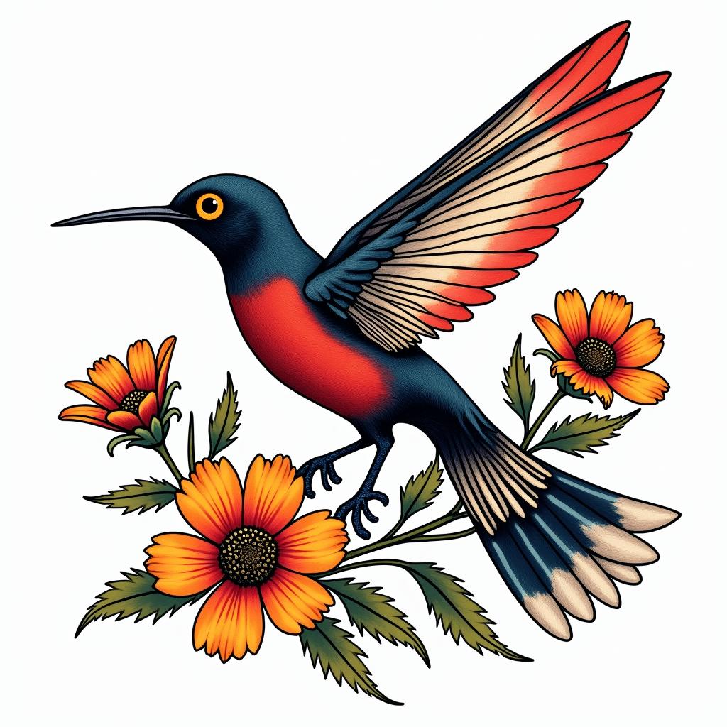 Scissor tailed fly catcher surrounded by Indian blanket flowersin pop art style tattoo, featuring bold and vibrant colors, exaggerated outlines, iconic imagery, inspired by comic books and speech bubbles, comic book characters, retro pop culture - Variation 2
