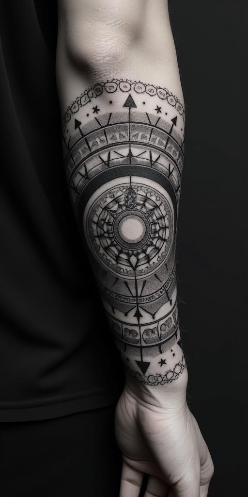 Markus Lucianin prophecy tattoo style, featuring mystical symbols, celestial imagery like stars, moons, suns, geometric patterns, foretelling elements, an eye of wisdom