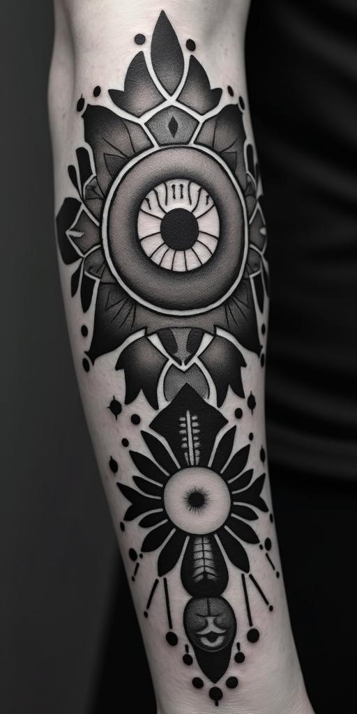 Markus Lucianin prophecy tattoo style, featuring mystical symbols, celestial imagery like stars, moons, suns, geometric patterns, foretelling elements, an eye of wisdom - Variation 4