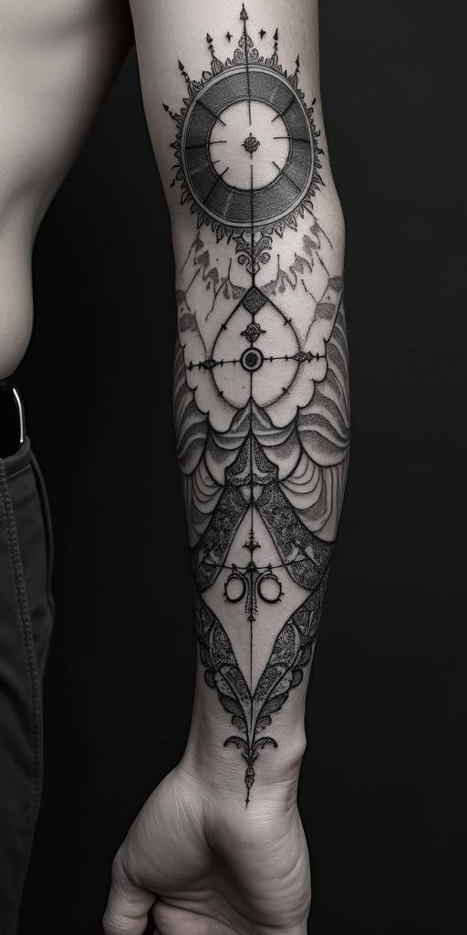Markus Lucianin prophecy tattoo style, featuring mystical symbols, celestial imagery like stars, moons, suns, geometric patterns, foretelling elements, an eye of wisdom - Variation 2