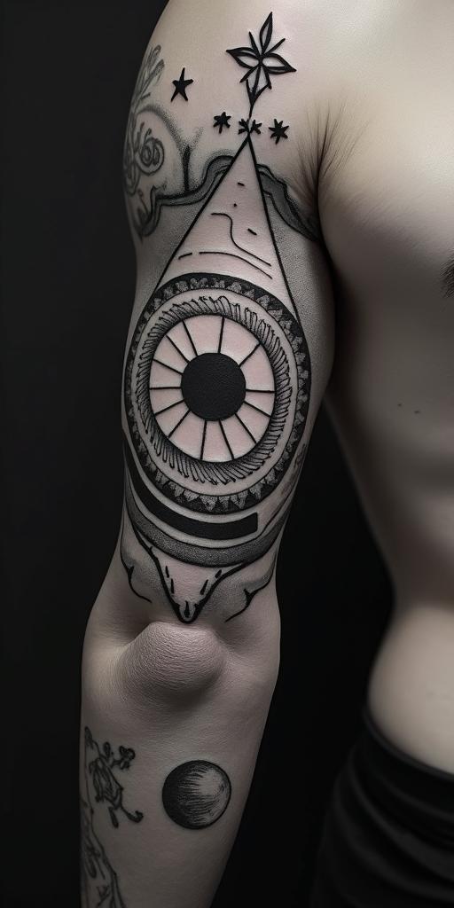 Markus Lucianin prophecy tattoo style, featuring mystical symbols, celestial imagery like stars, moons, suns, geometric patterns, foretelling elements, an eye of wisdom - Variation 3