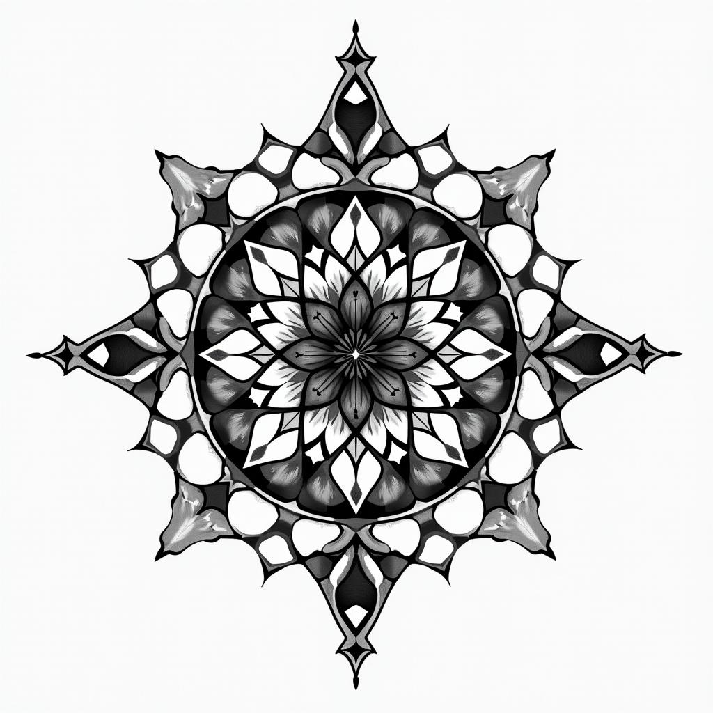 Something significant about my deceased brother is that his profession was a surveyor. in geometric style tattoo, blending hexagons, mandala-inspired patterns, symmetrical and fractal design, clean lines, sharp angles
