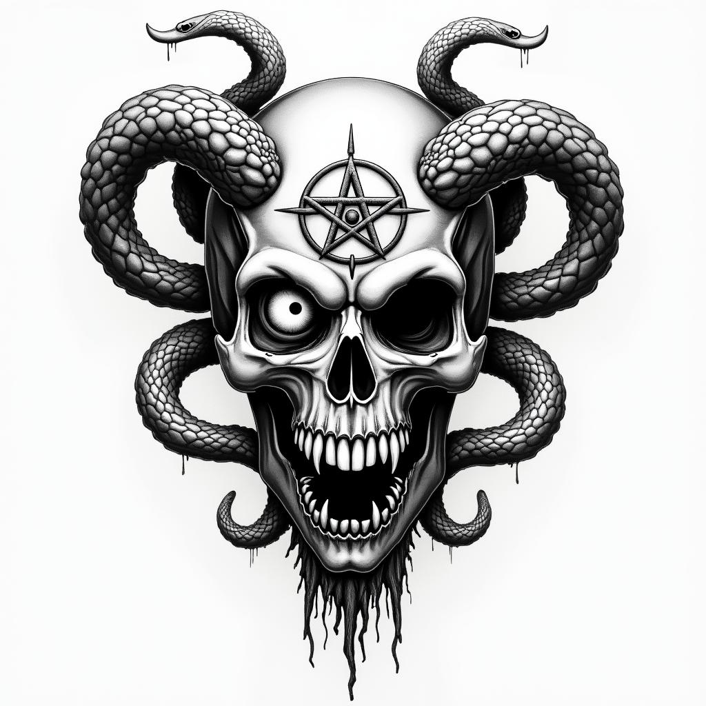 Snakes
plus all seeing eyecreepy horror tattoo style, featuring an eerie and unsettling skull of a demonic creature, distorted face with sharp fangs, add pentagram symbol - Variation 3