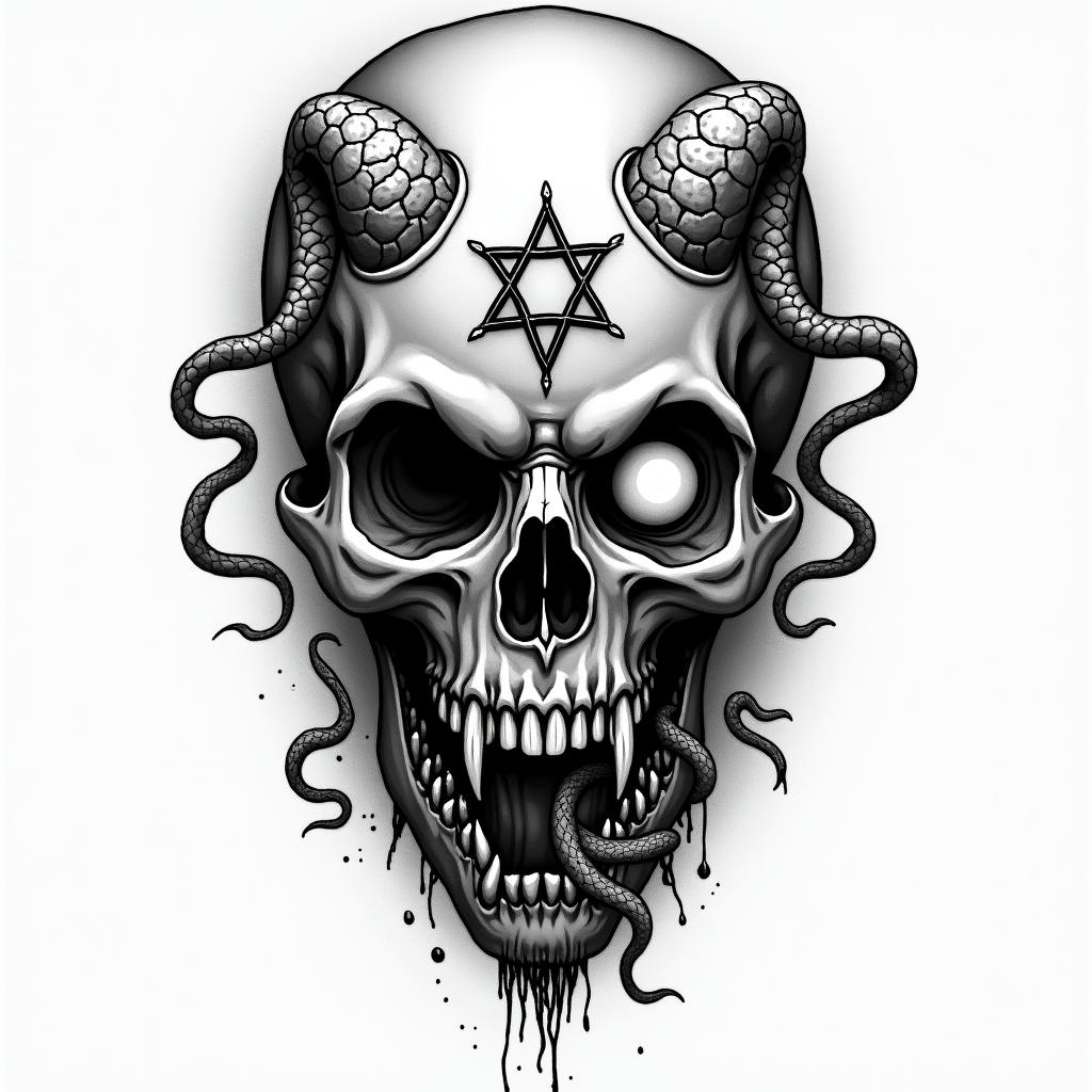 Snakes
plus all seeing eyecreepy horror tattoo style, featuring an eerie and unsettling skull of a demonic creature, distorted face with sharp fangs, add pentagram symbol - Variation 2