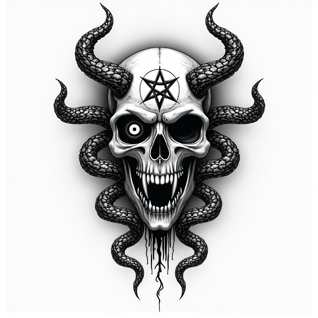 Snakes
plus all seeing eyecreepy horror tattoo style, featuring an eerie and unsettling skull of a demonic creature, distorted face with sharp fangs, add pentagram symbol
