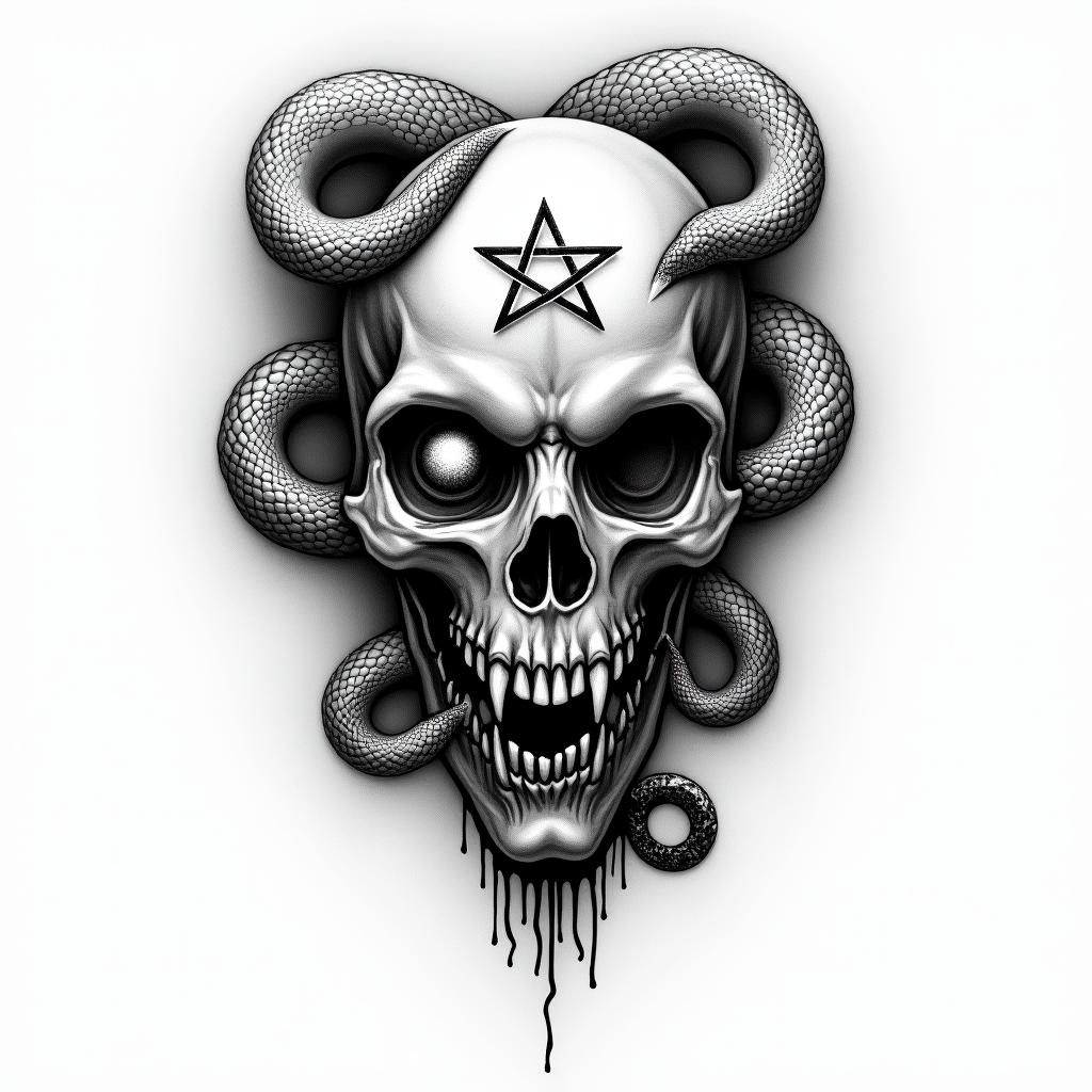 Snakes
plus all seeing eyecreepy horror tattoo style, featuring an eerie and unsettling skull of a demonic creature, distorted face with sharp fangs, add pentagram symbol - Variation 4