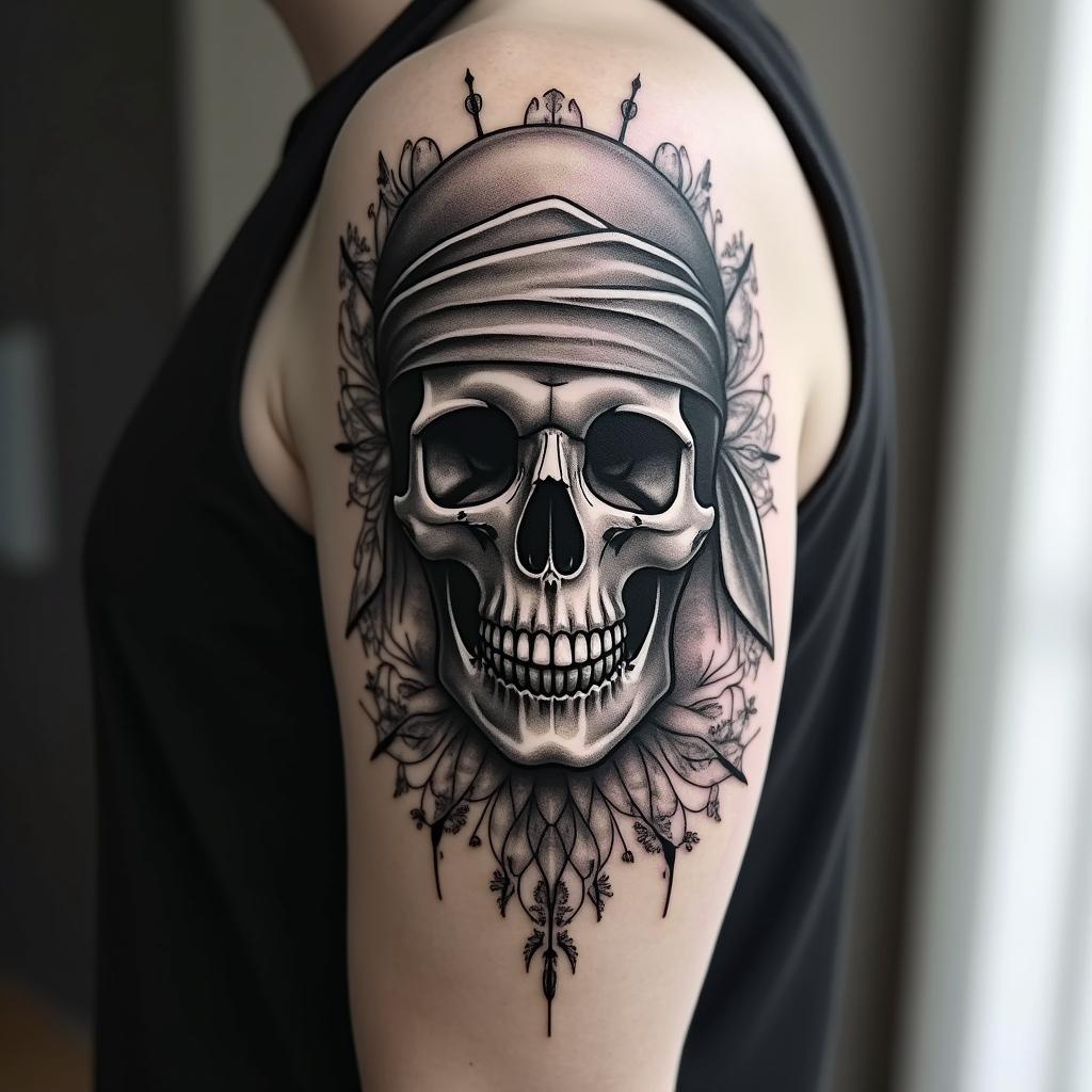 Skull with bandanain ornamental tattoo style, featuring intricate symmetrical patterns and floral designs, showcasing highly detailed line work and geometric shapes, creating a sense of elegance and balance - Variation 6