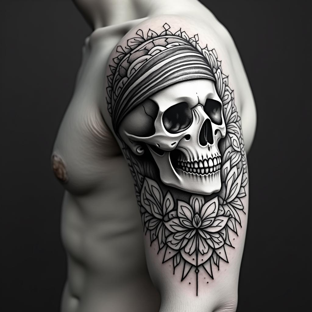 Skull with bandanain ornamental tattoo style, featuring intricate symmetrical patterns and floral designs, showcasing highly detailed line work and geometric shapes, creating a sense of elegance and balance - Variation 5