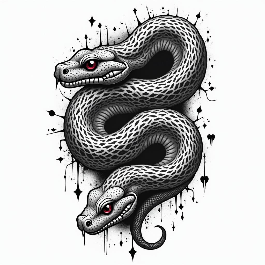 Snakes
plus all seeing eyein graffiti style tattoo, featuring bold and dynamic street art elements, spray-paint texture with exaggerated lines and expressive, chaotic brushstrokes, intricate lettering incorporated with graffiti tags, symbols like hearts, stars, and wings