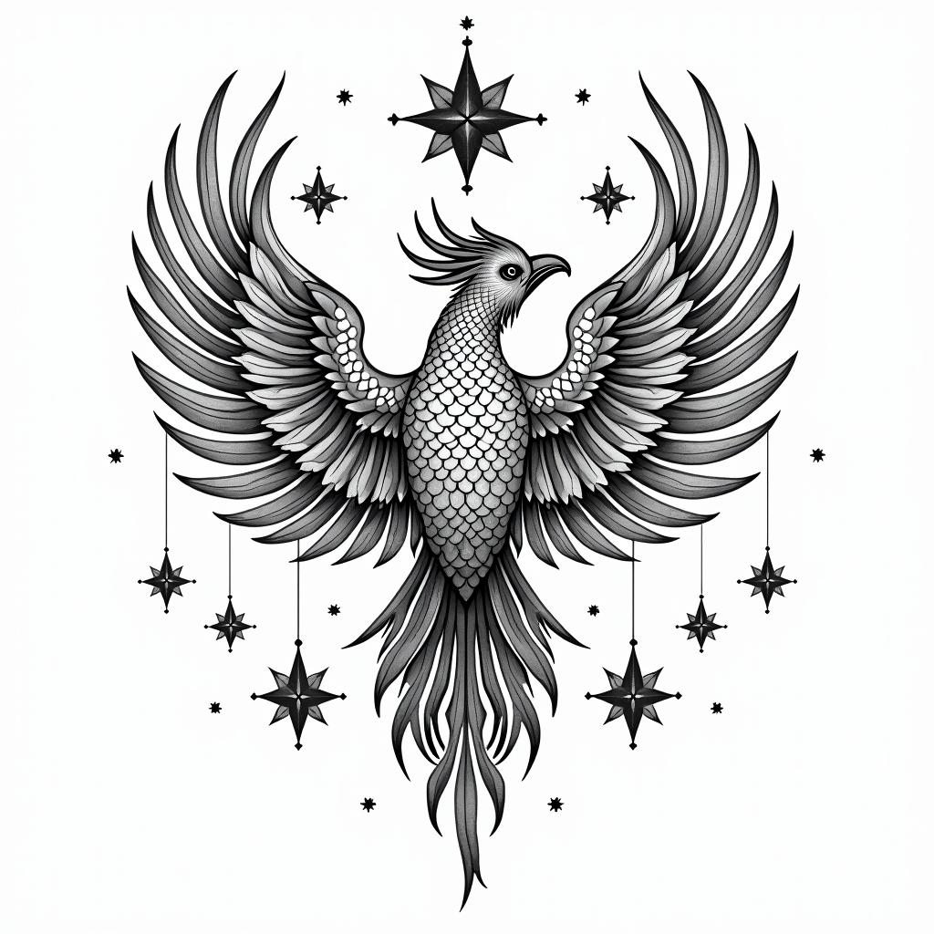 Mandala with phoenix starstext-based tattoo, japanese font ultra-realistic, perfectly placed, high-quality font design, photo-realistic shading, 8k, high quality, finely detailed typograph - Variation 2