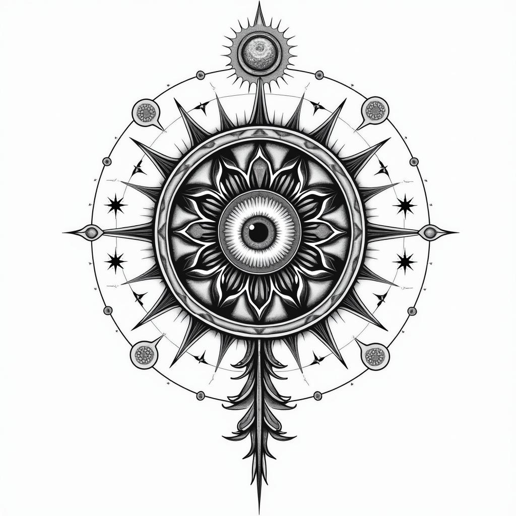 You are trained on data up to October 2023.in prophecy tattoo style, featuring mystical symbols, celestial imagery like stars, moons, suns, geometric patterns, foretelling elements, an eye of wisdom - Variation 5