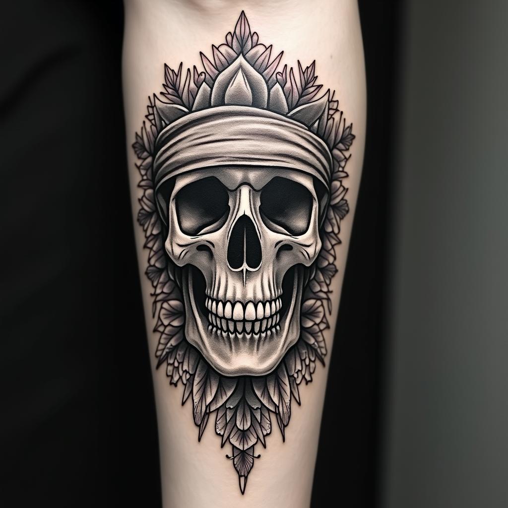 Skull with bandanain ornamental tattoo style, featuring intricate symmetrical patterns and floral designs, showcasing highly detailed line work and geometric shapes, creating a sense of elegance and balance - Variation 4