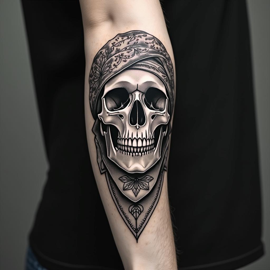 Skull with bandanain ornamental tattoo style, featuring intricate symmetrical patterns and floral designs, showcasing highly detailed line work and geometric shapes, creating a sense of elegance and balance