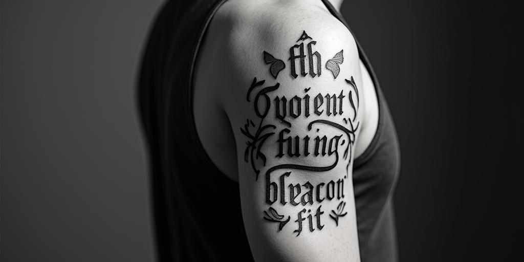 Markus Luciantext-based tattoo, gothic font ultra-realistic, perfectly placed, high-quality font design, photo-realistic shading, 8k, high quality, finely detailed typography