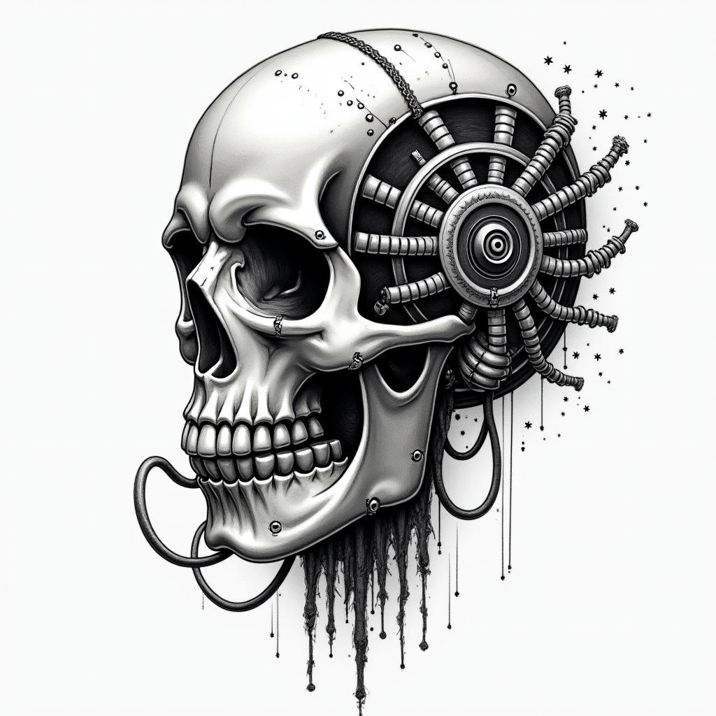 I have integrated the biomechanical style:
Mechanical segmentation of the skull with metal plates and screws.
Intertwined tubes and cables running through the bony structure and connecting to the gear.
Pistons and joints visible at the base of the hourglass, merging the organic and the industrial.
Soft shadows in shades of gray to highlight the depth and volume of the mechanical elements.
Let me know if you want to adjust any details, such as the density of the cables, add textures of rust, or enhance certain elements with touches of color.in graffiti style tattoo, featuring bold and dynamic street art elements, spray-paint texture with exaggerated lines and expressive, chaotic brushstrokes, intricate lettering incorporated with graffiti tags, symbols like hearts, stars, and wings - Variation 3