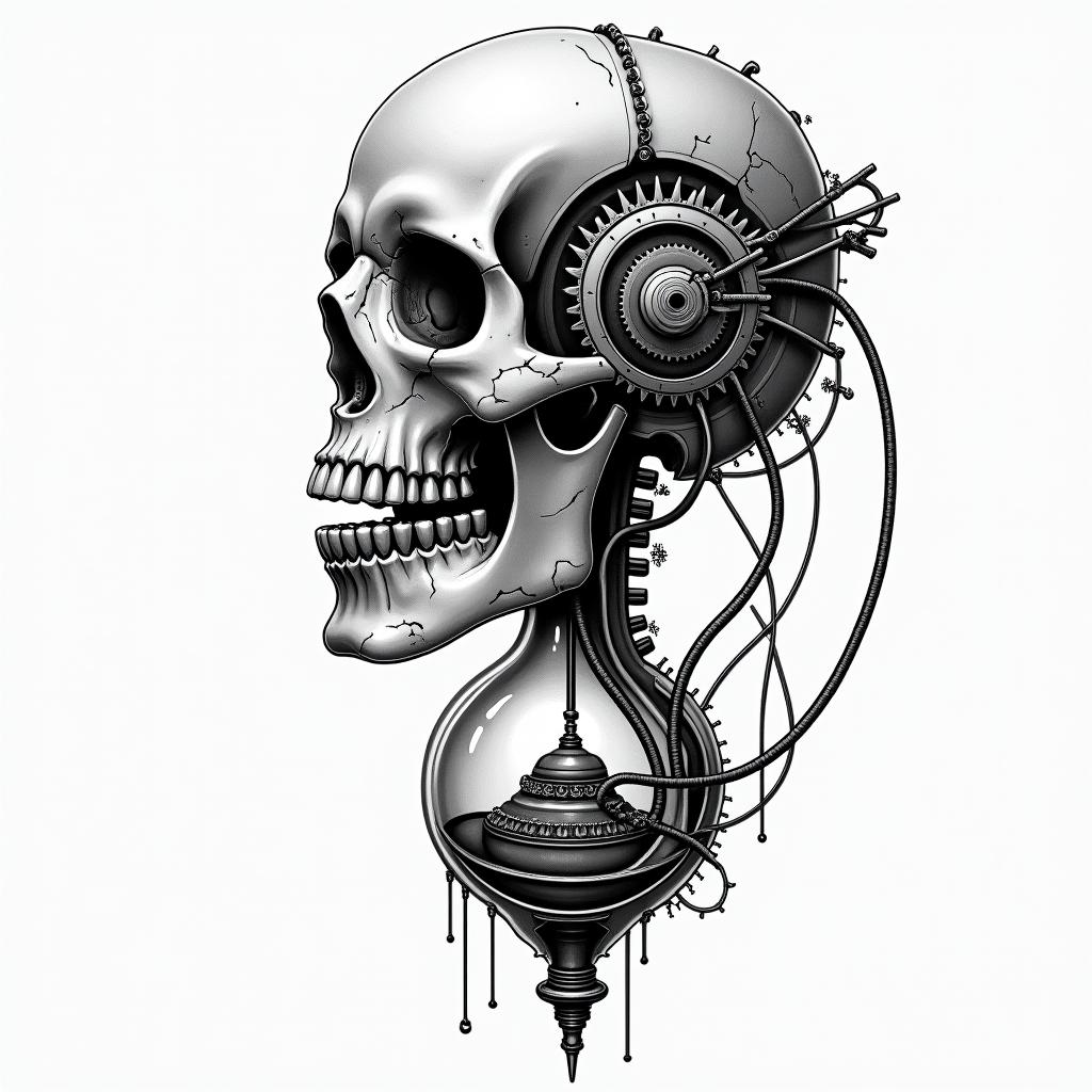 I have integrated the biomechanical style:
Mechanical segmentation of the skull with metal plates and screws.
Intertwined tubes and cables running through the bony structure and connecting to the gear.
Pistons and joints visible at the base of the hourglass, merging the organic and the industrial.
Soft shadows in shades of gray to highlight the depth and volume of the mechanical elements.
Let me know if you want to adjust any details, such as the density of the cables, add textures of rust, or enhance certain elements with touches of color.in graffiti style tattoo, featuring bold and dynamic street art elements, spray-paint texture with exaggerated lines and expressive, chaotic brushstrokes, intricate lettering incorporated with graffiti tags, symbols like hearts, stars, and wings - Variation 2