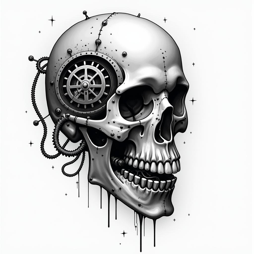 I have integrated the biomechanical style:
Mechanical segmentation of the skull with metal plates and screws.
Intertwined tubes and cables running through the bony structure and connecting to the gear.
Pistons and joints visible at the base of the hourglass, merging the organic and the industrial.
Soft shadows in shades of gray to highlight the depth and volume of the mechanical elements.
Let me know if you want to adjust any details, such as the density of the cables, add textures of rust, or enhance certain elements with touches of color.in graffiti style tattoo, featuring bold and dynamic street art elements, spray-paint texture with exaggerated lines and expressive, chaotic brushstrokes, intricate lettering incorporated with graffiti tags, symbols like hearts, stars, and wings