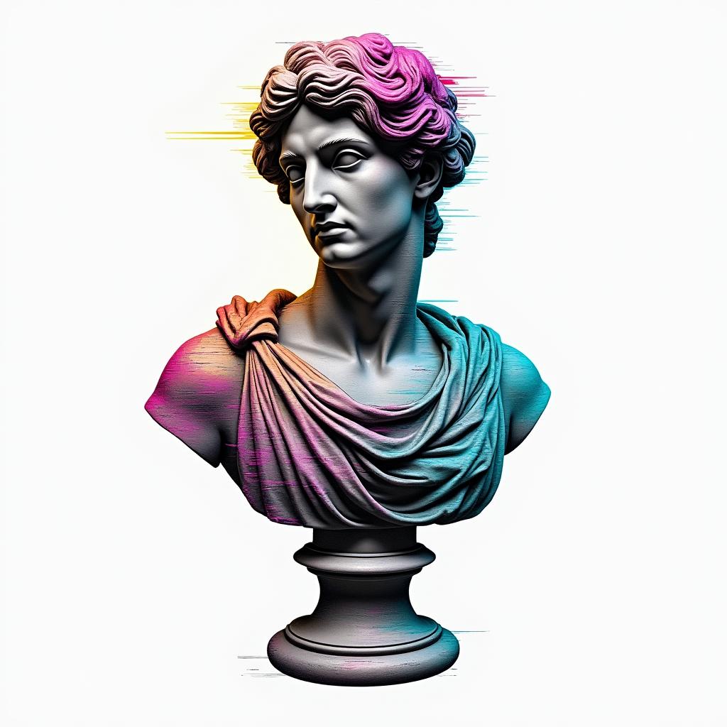 Anthony Schrefflerin distorted and fragmented tattoo design, featuring a classical statue bust, in a glitch art style with vibrant, overlapping colors of cyan, magenta, and yellow, creating a digital distortion effect - Variation 2