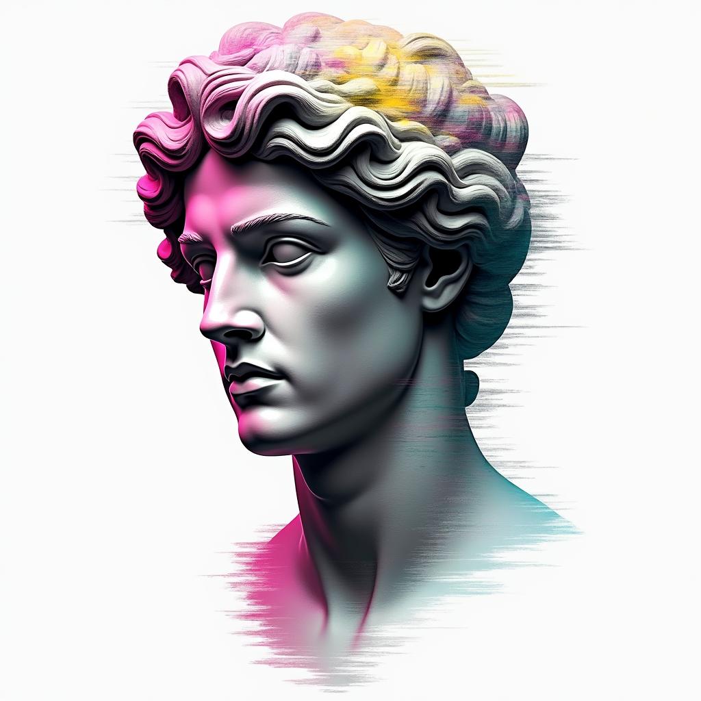Anthony Schrefflerin distorted and fragmented tattoo design, featuring a classical statue bust, in a glitch art style with vibrant, overlapping colors of cyan, magenta, and yellow, creating a digital distortion effect - Variation 3