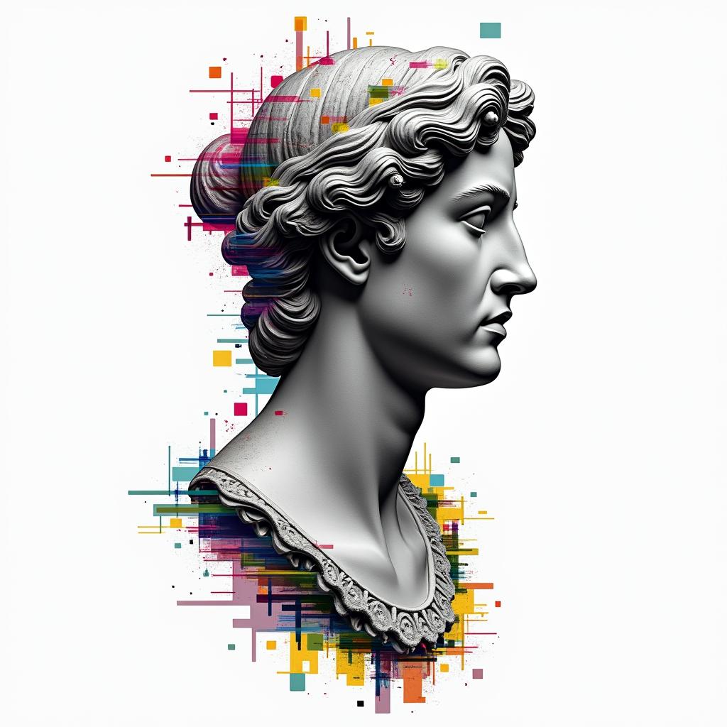 Anthony Schrefflerin distorted and fragmented tattoo design, featuring a classical statue bust, in a glitch art style with vibrant, overlapping colors of cyan, magenta, and yellow, creating a digital distortion effect - Variation 4