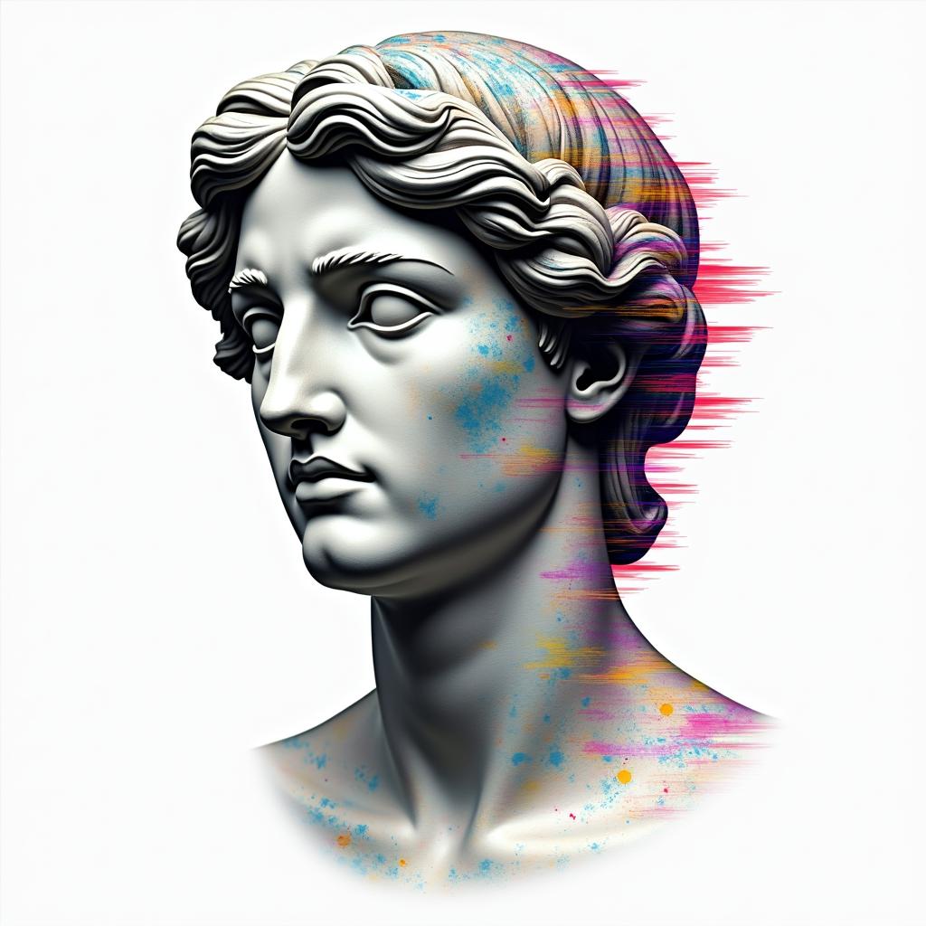 Anthony Schrefflerin distorted and fragmented tattoo design, featuring a classical statue bust, in a glitch art style with vibrant, overlapping colors of cyan, magenta, and yellow, creating a digital distortion effect