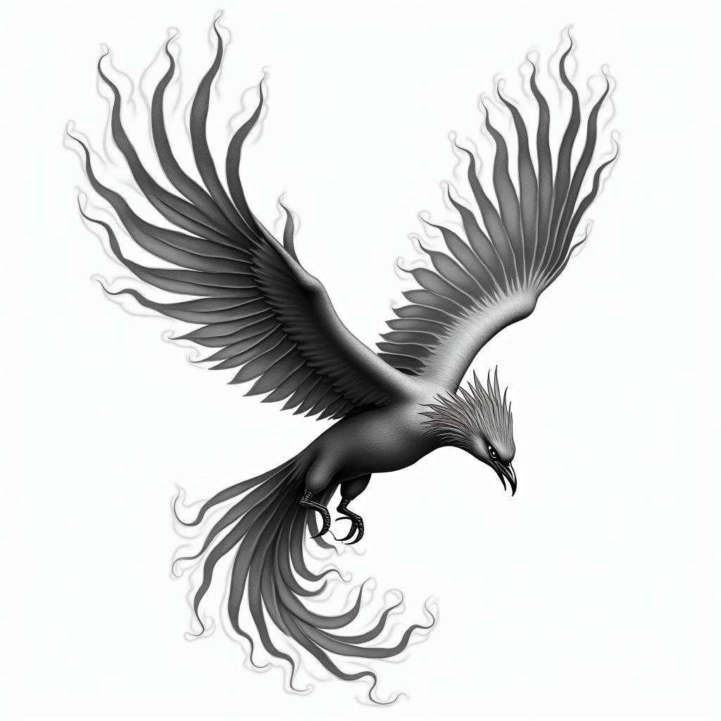 Flying phoenix with firetext-based tattoo, japanese font ultra-realistic, perfectly placed, high-quality font design, photo-realistic shading, 8k, high quality, finely detailed typograph - Variation 2