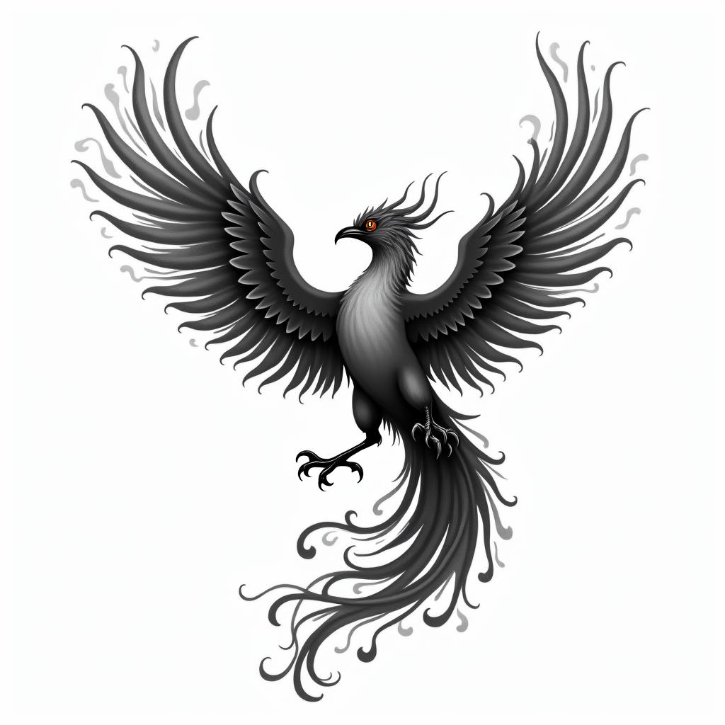 Flying phoenix with firetext-based tattoo, japanese font ultra-realistic, perfectly placed, high-quality font design, photo-realistic shading, 8k, high quality, finely detailed typograph