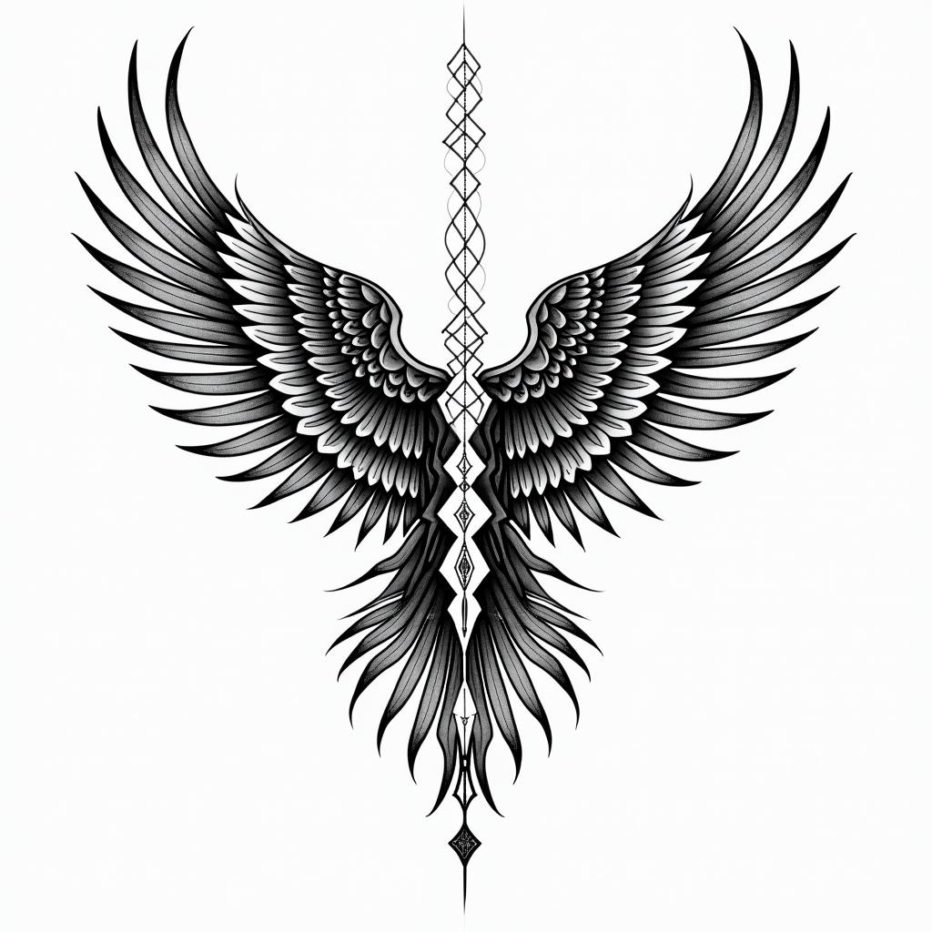 Against broken wings,
A front afraid,
Rise anew.in dotwork style tattoo, complex mandala patterns, interlocking geometric shapes with sharp symmetry, clean lines, sharp angles - Variation 4
