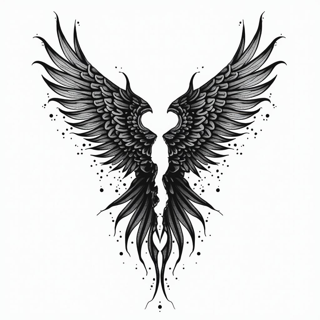 Against broken wings,
A front afraid,
Rise anew.in dotwork style tattoo, complex mandala patterns, interlocking geometric shapes with sharp symmetry, clean lines, sharp angles