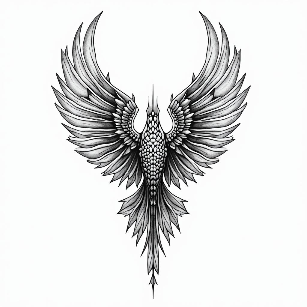 Against broken wings,
A front afraid,
Rise anew.in dotwork style tattoo, complex mandala patterns, interlocking geometric shapes with sharp symmetry, clean lines, sharp angles - Variation 2