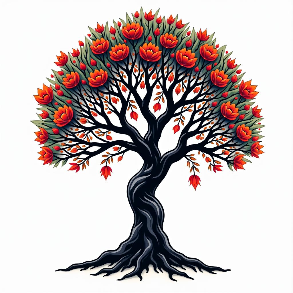 Tree of lifein pop art style tattoo, featuring bold and vibrant colors, exaggerated outlines, iconic imagery, inspired by comic books and speech bubbles, comic book characters, retro pop culture - Variation 3