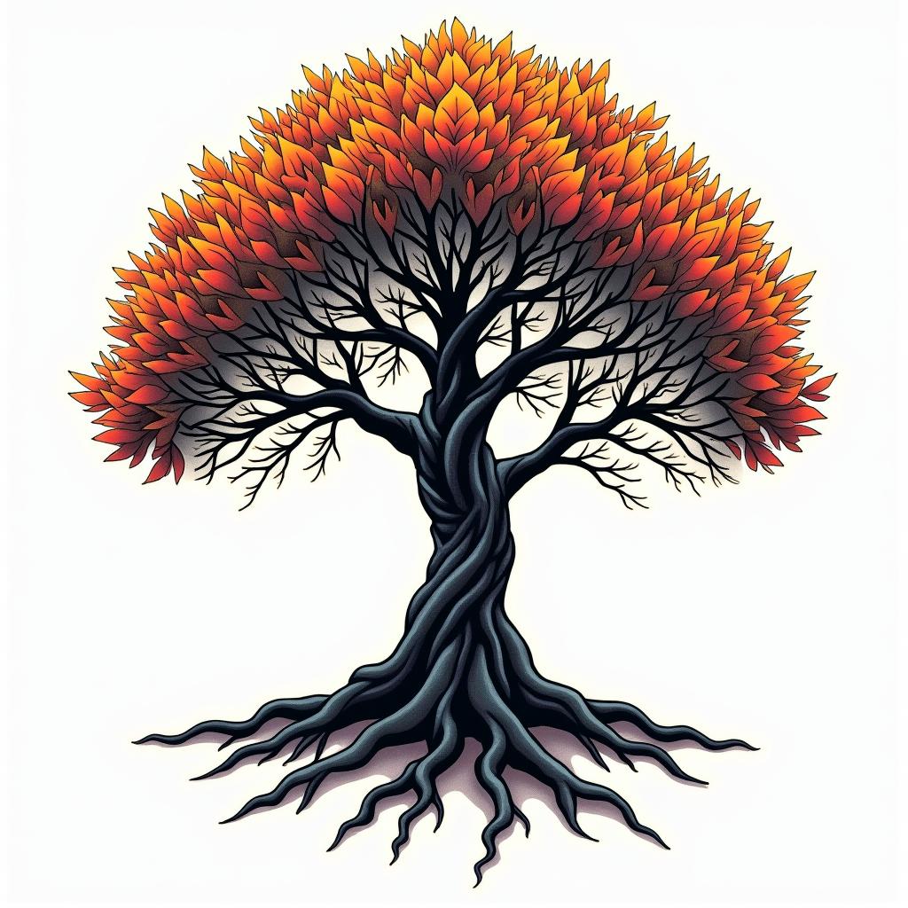 Tree of lifein pop art style tattoo, featuring bold and vibrant colors, exaggerated outlines, iconic imagery, inspired by comic books and speech bubbles, comic book characters, retro pop culture - Variation 4