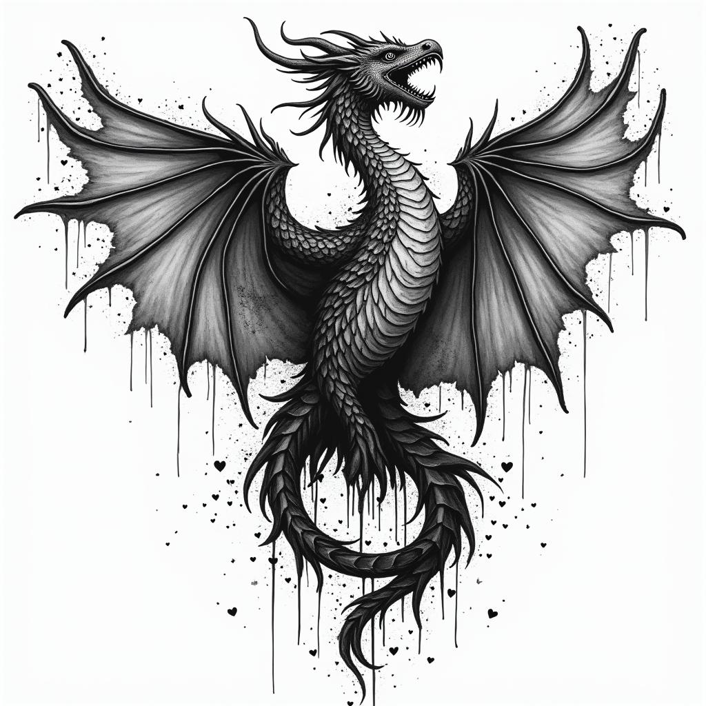 Darlene, Dragon, Phoenixin graffiti style tattoo, featuring bold and dynamic street art elements, spray-paint texture with exaggerated lines and expressive, chaotic brushstrokes, intricate lettering incorporated with graffiti tags, symbols like hearts, stars, and wings