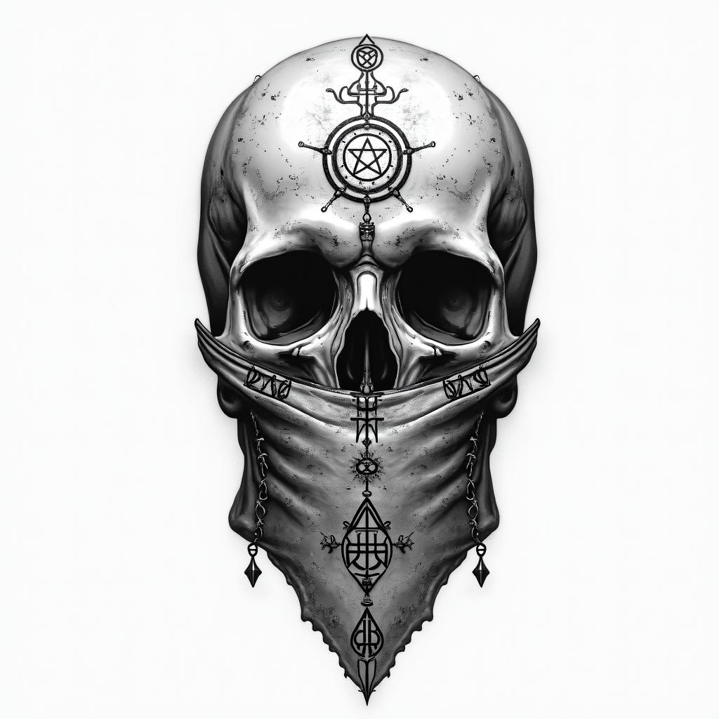 Skull with bandana in front of mouthin paganic style tattoo, featuring ancient symbols, add vegvisir symbol, mystical figures, incorporating designs, pentagrams, runes, crescent moons, - Variation 2