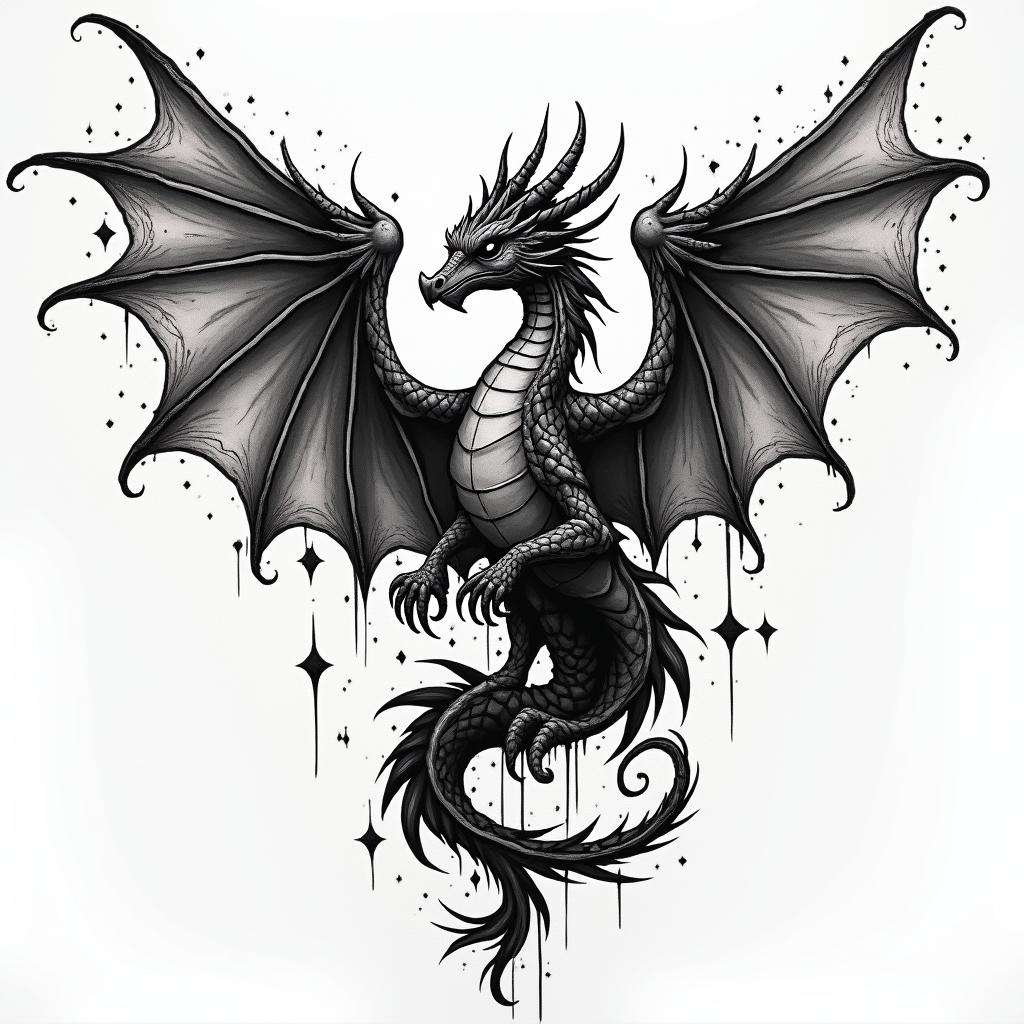 Darlene, Dragon, Phoenixin graffiti style tattoo, featuring bold and dynamic street art elements, spray-paint texture with exaggerated lines and expressive, chaotic brushstrokes, intricate lettering incorporated with graffiti tags, symbols like hearts, stars, and wings - Variation 4