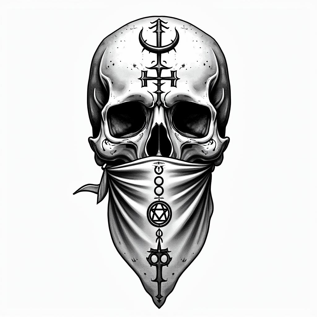Skull with bandana in front of mouthin paganic style tattoo, featuring ancient symbols, add vegvisir symbol, mystical figures, incorporating designs, pentagrams, runes, crescent moons, - Variation 4
