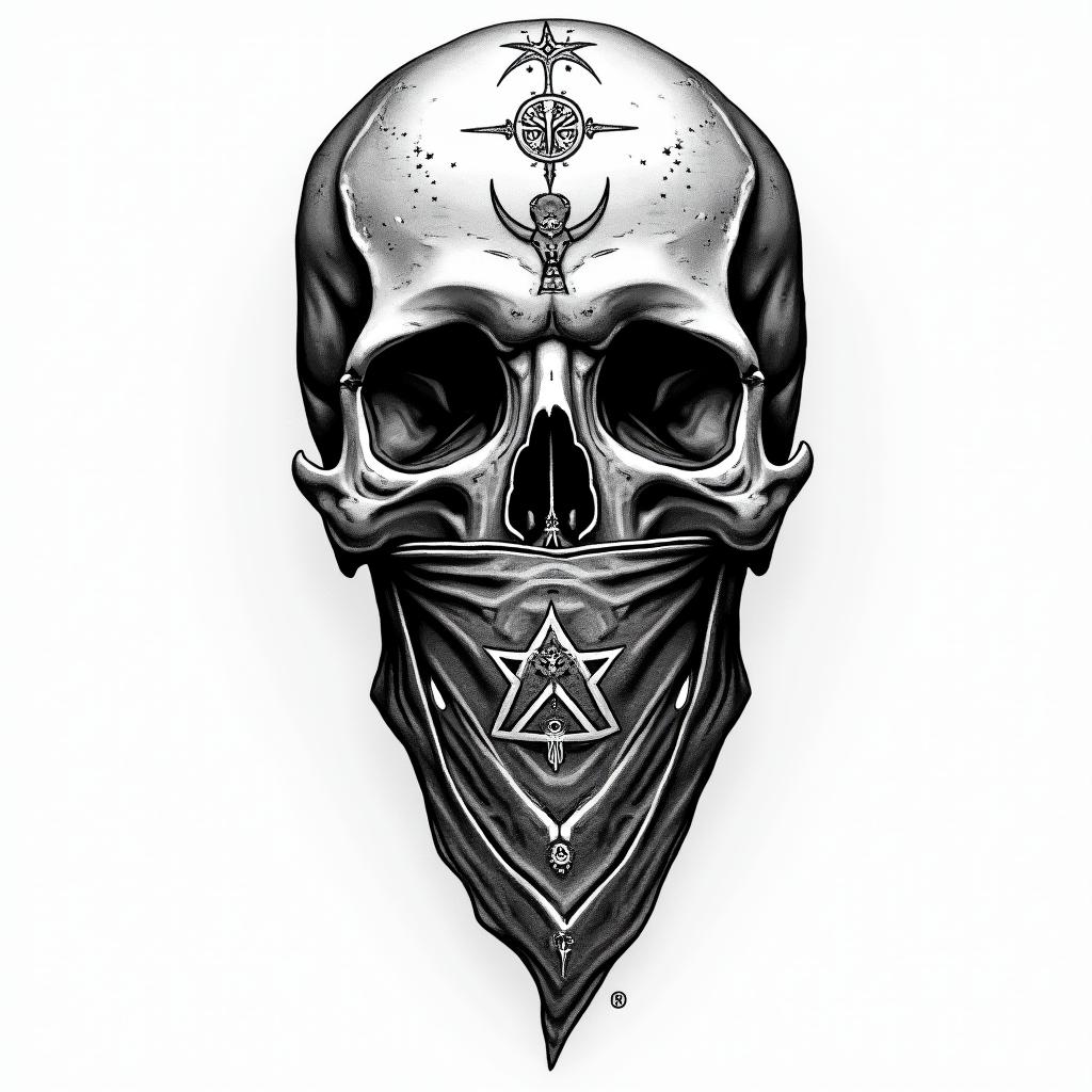 Skull with bandana in front of mouthin paganic style tattoo, featuring ancient symbols, add vegvisir symbol, mystical figures, incorporating designs, pentagrams, runes, crescent moons, - Variation 3