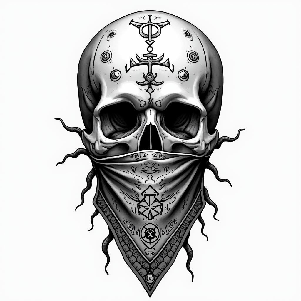 Skull with bandana in front of mouthin paganic style tattoo, featuring ancient symbols, add vegvisir symbol, mystical figures, incorporating designs, pentagrams, runes, crescent moons,
