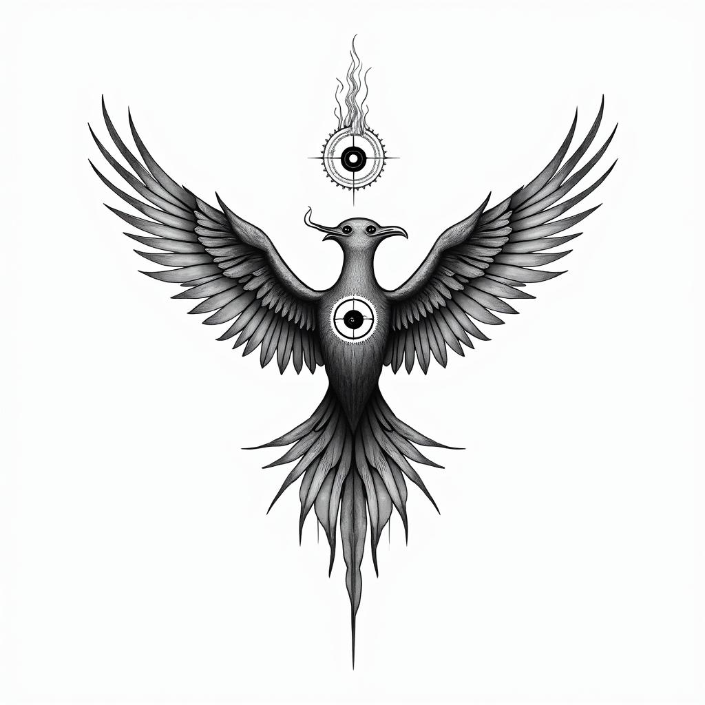 Flying phoenix with firein spiritual symbols tattoo style, featuring an intricate design incorporating elements, Hamsa hand, third eye, minimalist composition - Variation 2