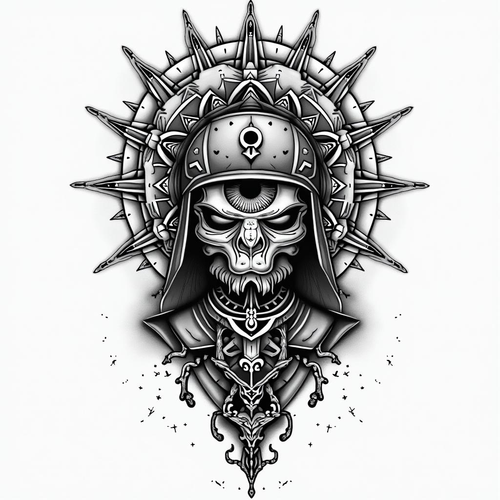 American Soldier, PTSD, Aquarius, Depression, Anxietyin prophecy tattoo style, featuring mystical symbols, celestial imagery like stars, moons, suns, geometric patterns, foretelling elements, an eye of wisdom