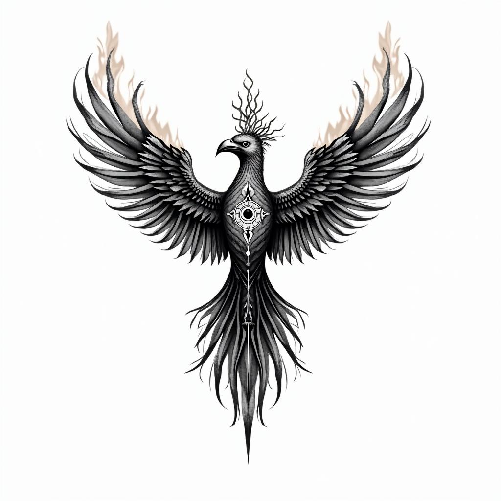 Flying phoenix with firein spiritual symbols tattoo style, featuring an intricate design incorporating elements, Hamsa hand, third eye, minimalist composition