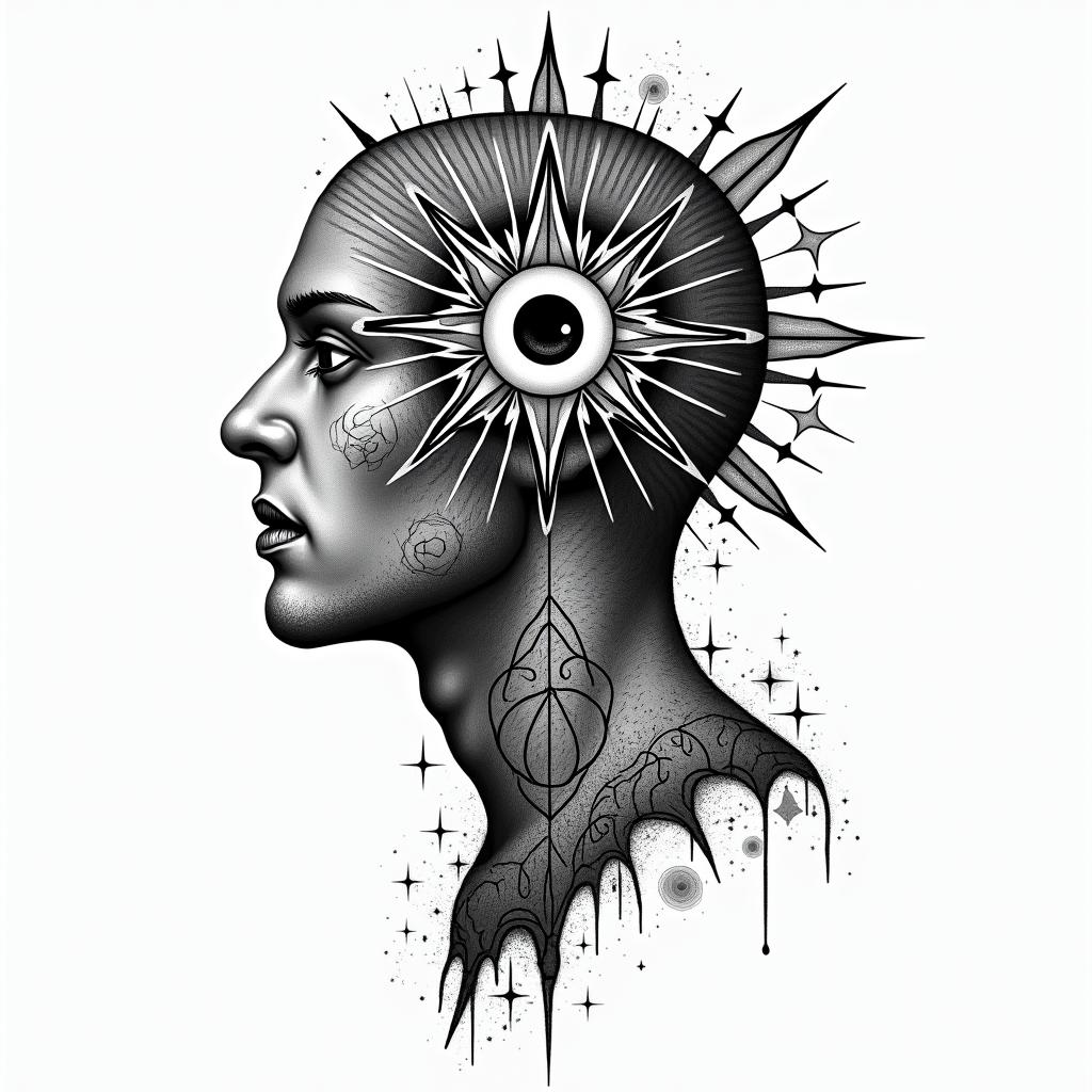 American Soldier, PTSD, Aquarius, Depression, Anxietyin prophecy tattoo style, featuring mystical symbols, celestial imagery like stars, moons, suns, geometric patterns, foretelling elements, an eye of wisdom - Variation 3