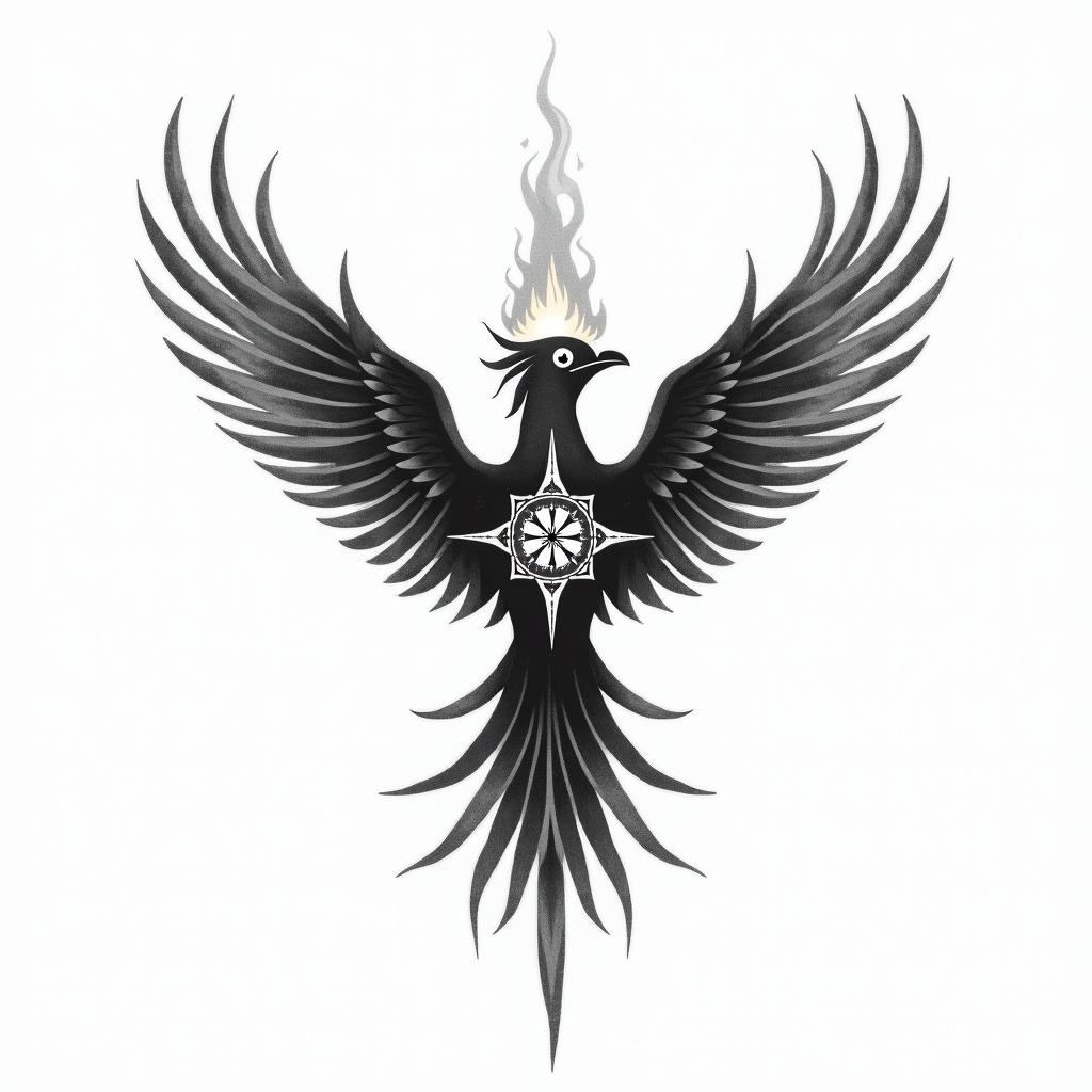 Flying phoenix with firein spiritual symbols tattoo style, featuring an intricate design incorporating elements, Hamsa hand, third eye, minimalist composition - Variation 3